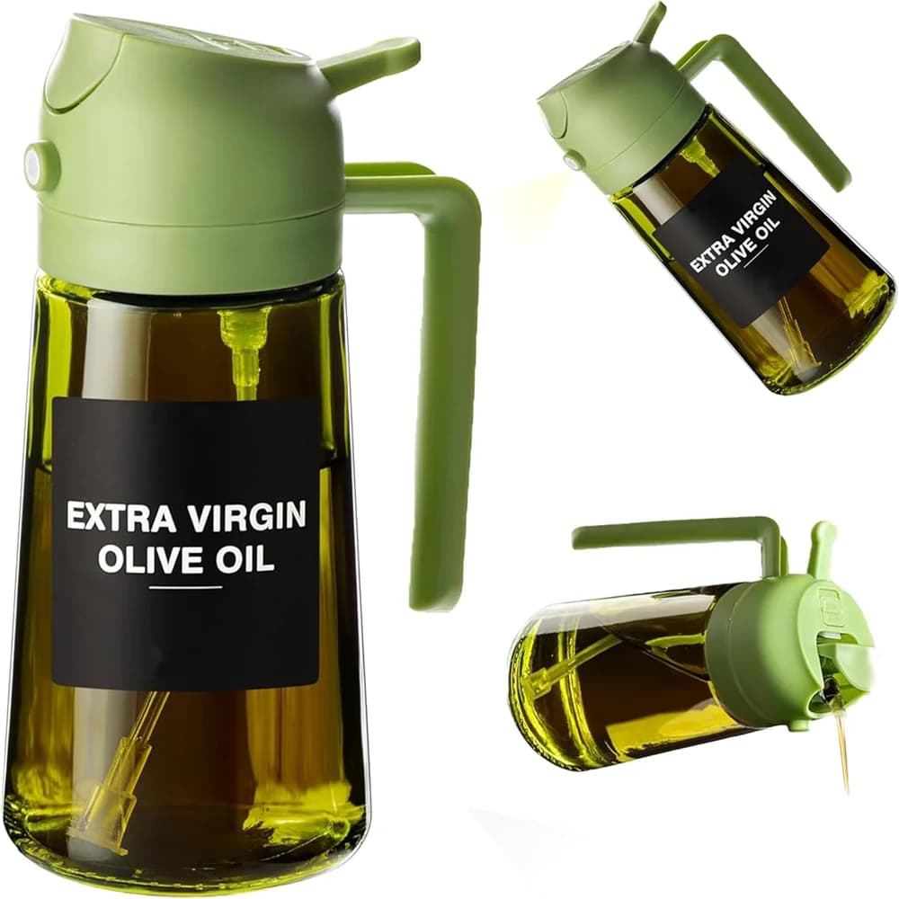 Pulvérisateur d'huile de 470 ml pour la cuisine, distributeur et vaporisateur d'huile d'olive 2-en-1, vaporisateur d'huile avec autocollants, flacon pulvérisateur en verre épais