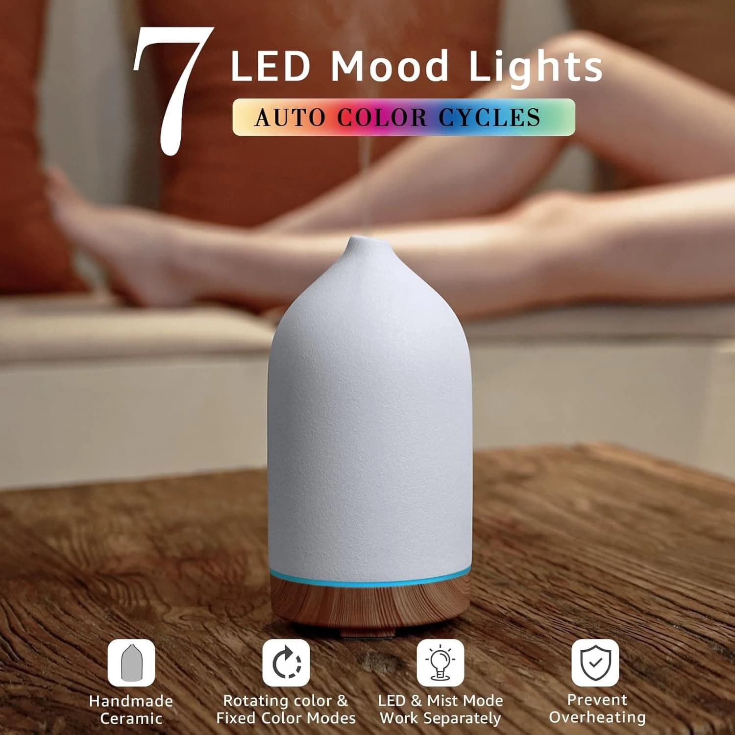 Diffuseur d'huiles essentielles en céramique, humidificateur d'aromathérapie ultrasonique avec lumières LED 7 couleurs, arrêt automatique, minuterie 1H/3H/6H