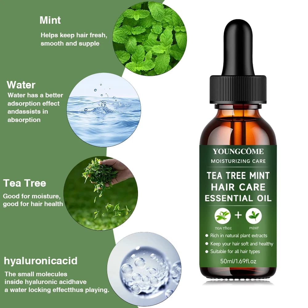 YOUNGCOME Huile essentielle de soin capillaire à l'arbre à thé et à la menthe poivrée : traitement naturel hydratant et nourrissant pour tous les types de cheveux 2025