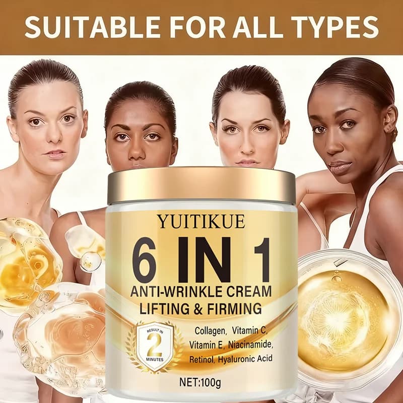 Crème Anti-Rides 6 en 1 : hydrate en profondeur, raffermit la peau, contient des vitamines C et E, au rétinol et à l'acide hyaluronique.