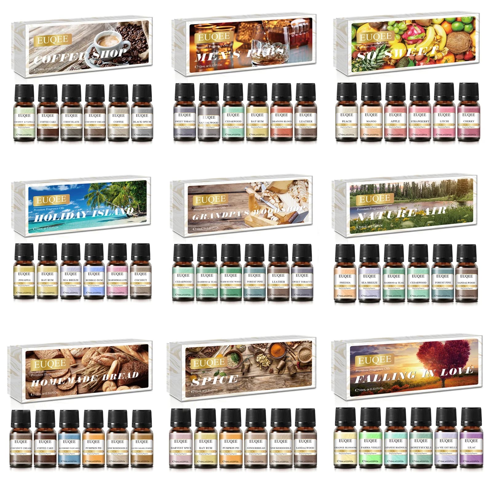 EUQEE 6 pièces/ensemble huile parfumée cadeau Kit pour diffuseur café boulangerie récolte épices citrouille tarte forêt pin fruits sucrés arômes huiles
