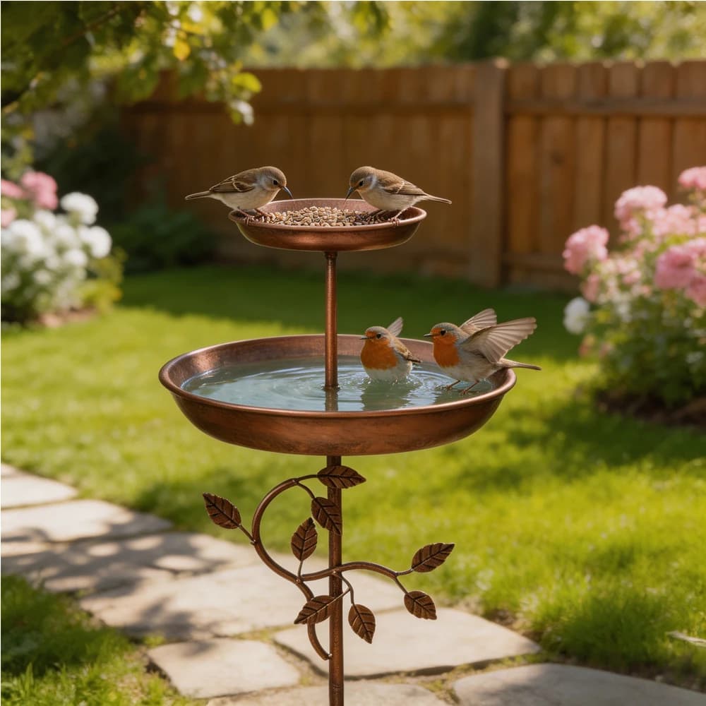 Mangeoire à oiseaux vintage en cuivre à cinq pieds et à double couche