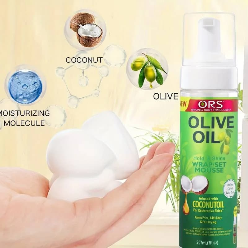 Mousse pour cheveux bouclés (207 ml) pour perruques, mousse coiffante à l'huile d'olive à tenue forte, mousse anti-frisottis pour coiffer les cheveux des femmes