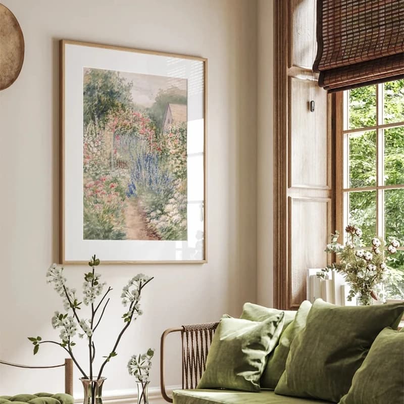 Toile de peinture à l'huile Vintage de paysage d'été, affiche de printemps neutre, galerie murale imprimée d'art rétro, ton vert, décor mural de ferme
