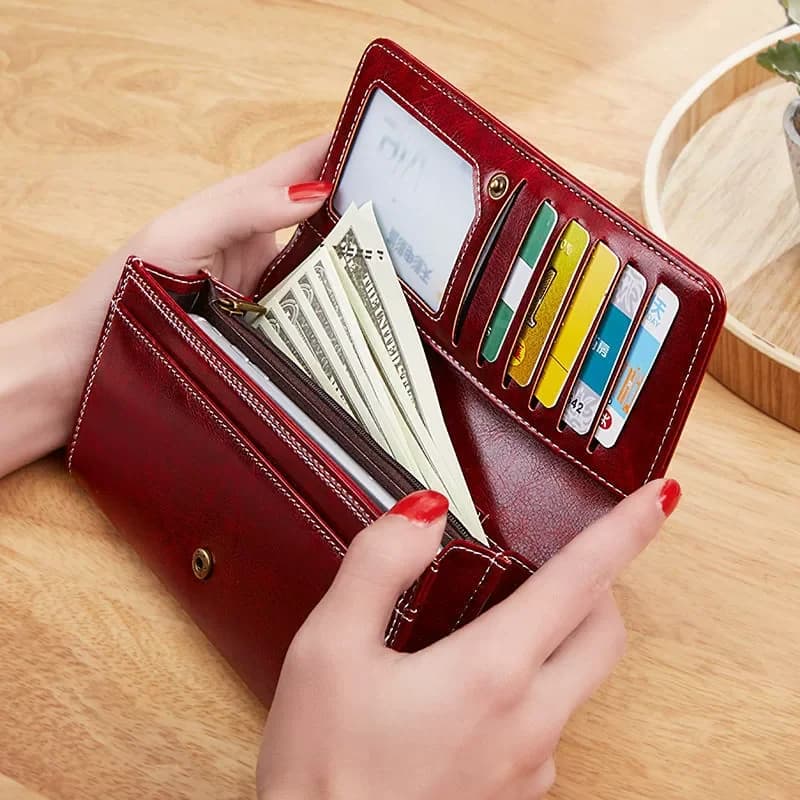 Portefeuille Long en cuir ciré à l'huile pour femmes, pince à billets rétro, grande capacité, pochette, porte-carte, haute qualité