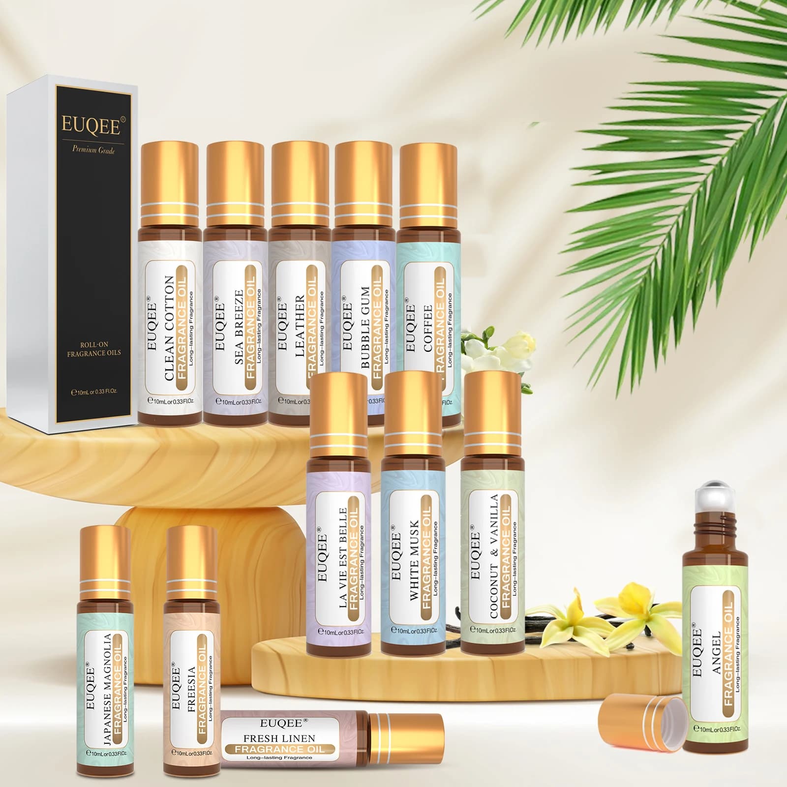 Huile parfumée roll-on EUQEE 10ml, senteurs Brise marine, Musc blanc, Noix de coco & Vanille, Chewing-gum, Thé vert, Ambre ange, parfum longue durée