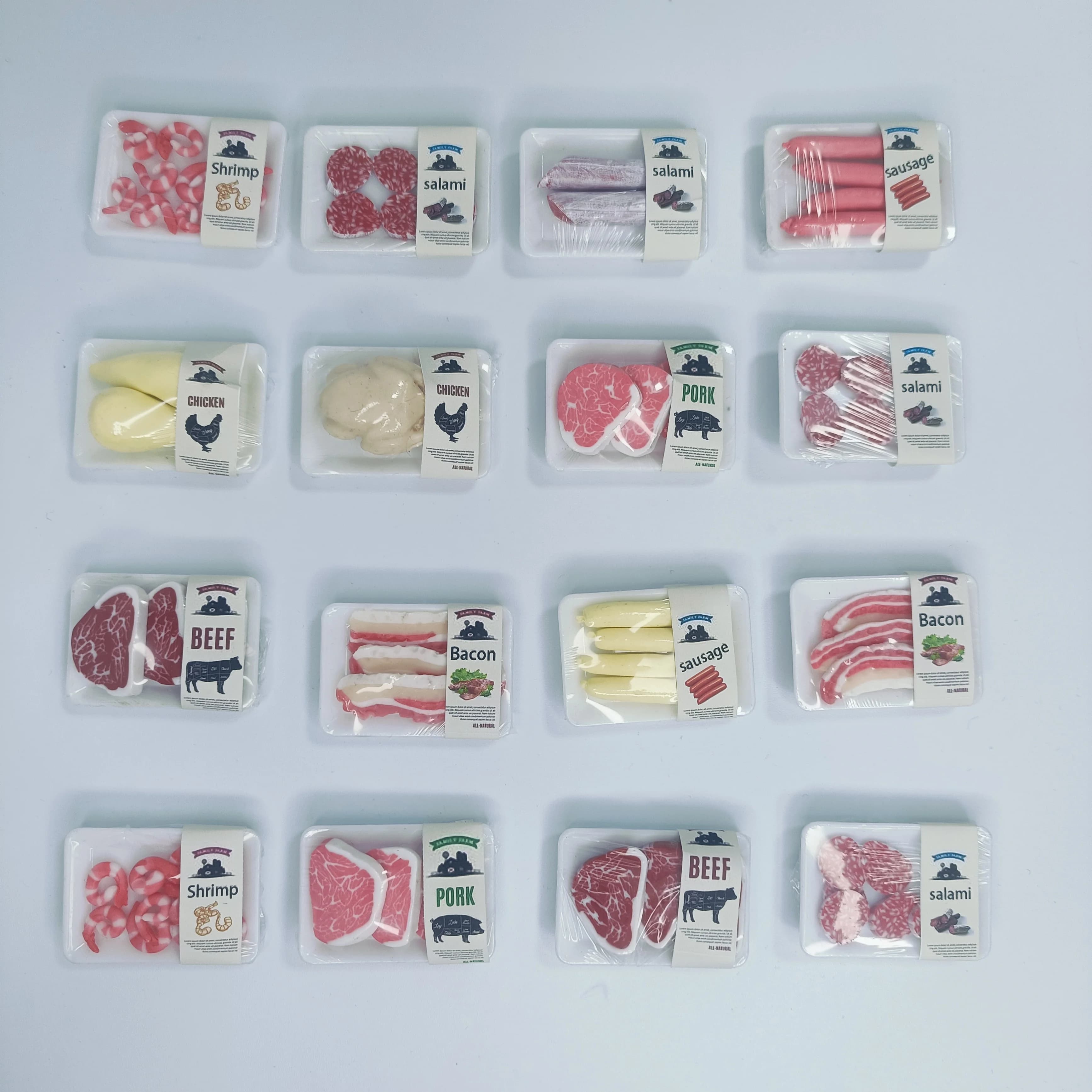 Nouveau 1 boîte 1/12 maison de poupée Miniature supermarché simulation alimentaire steak de bœuf saumon Bacon poulet