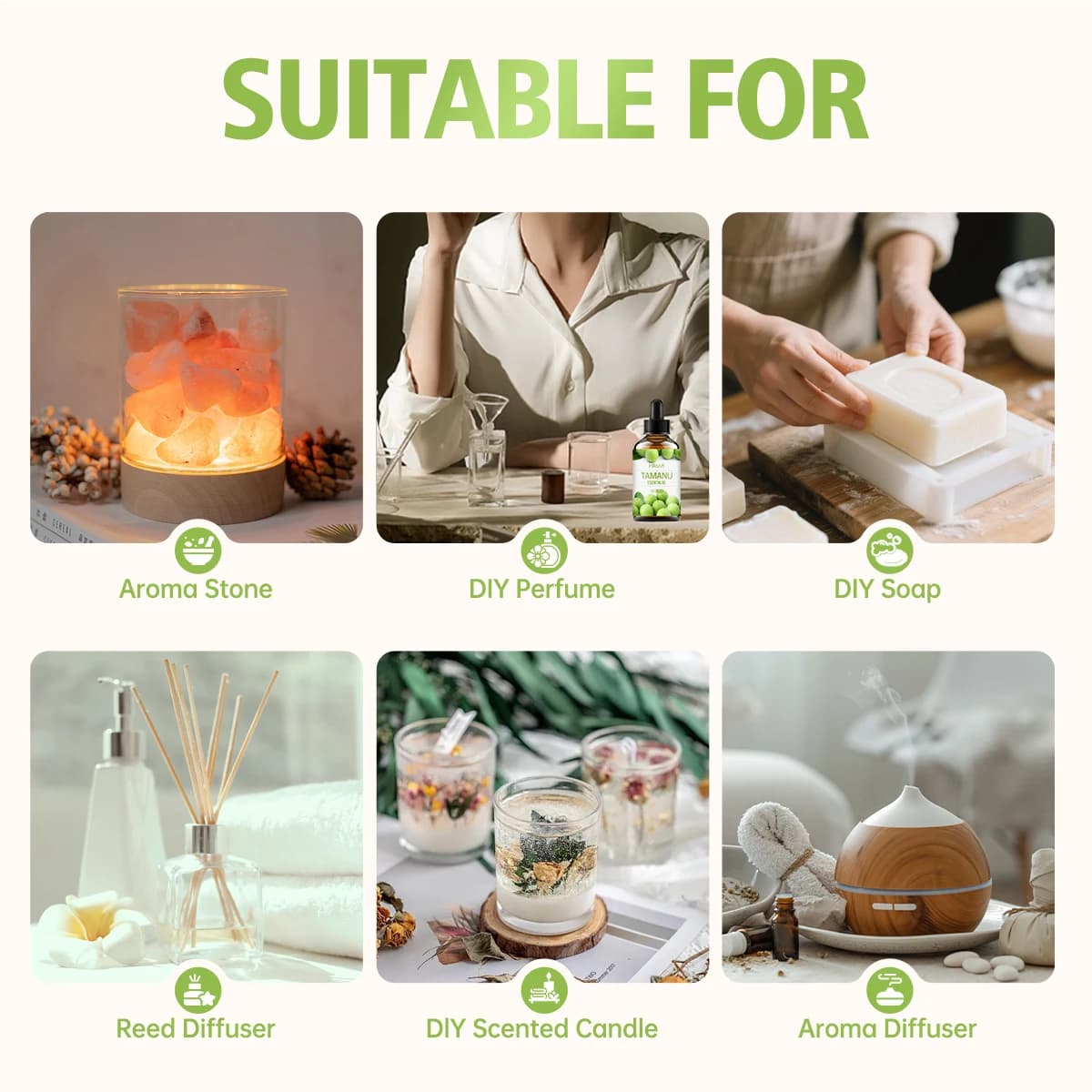 L'huile essentielle de Tamanu, l'arôme fruité, convient à l'utilisation dans les diffuseurs et les humidificateurs et peut également être utilisée dans le massage corporel.