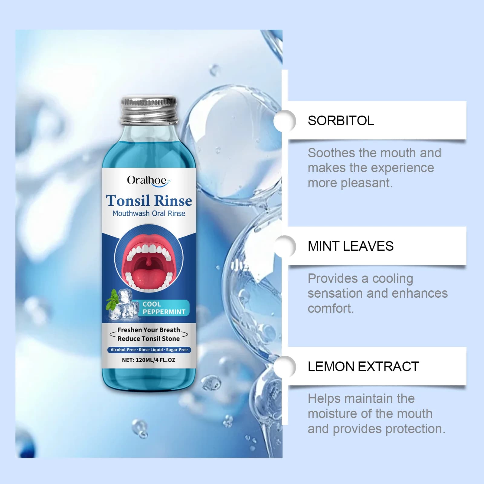 Bain de bouche ORALHOE 120 ml – Élimine les résidus alimentaires, la mauvaise haleine, réduit les calculs amygdaliens, élimine les odeurs, soin buccal