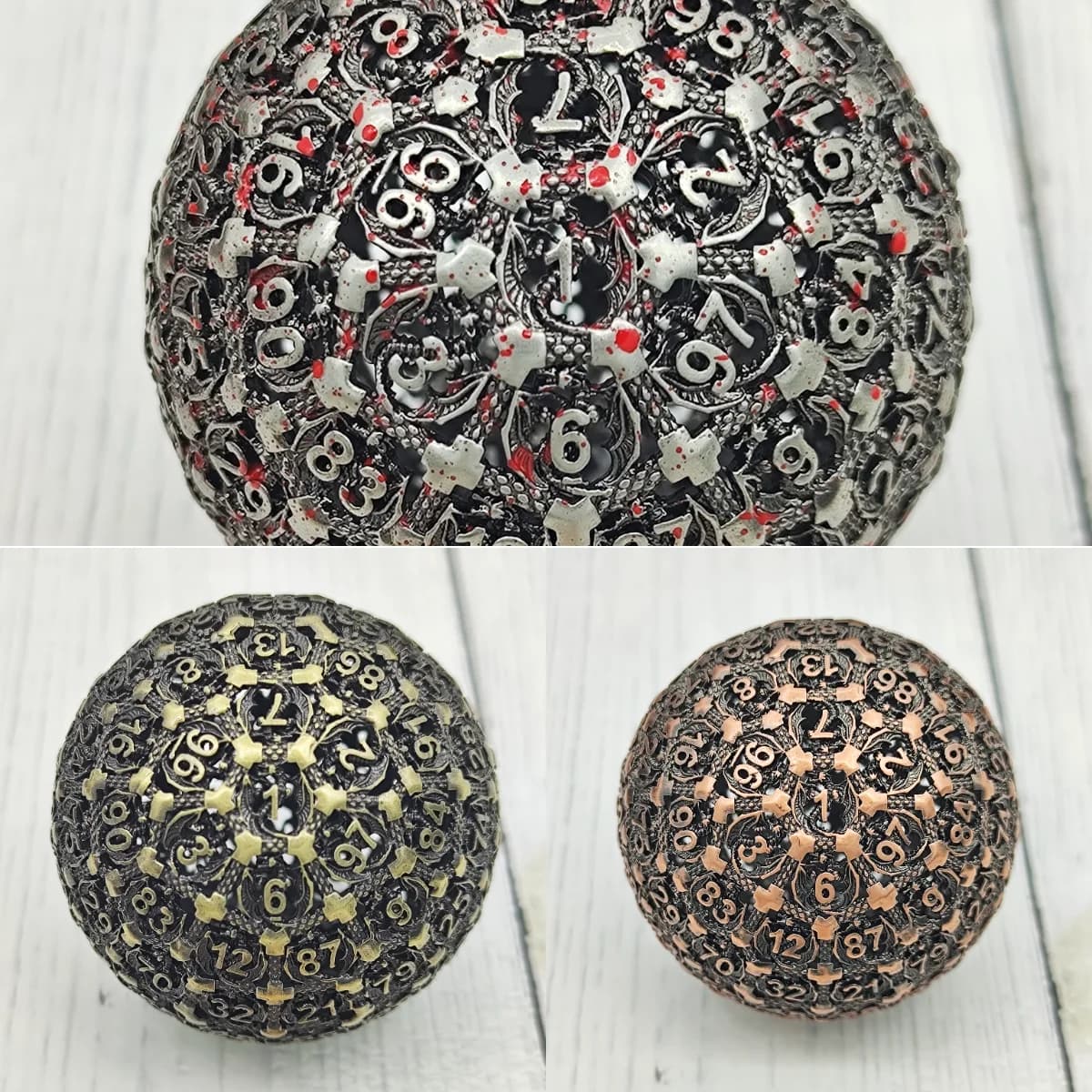 D100 Dés creux en métal pour petits déjeuners, Dragon volant multi-faces, 100 faces, D100 Grands dés creux en métal (1.78 pouces de diamètre)