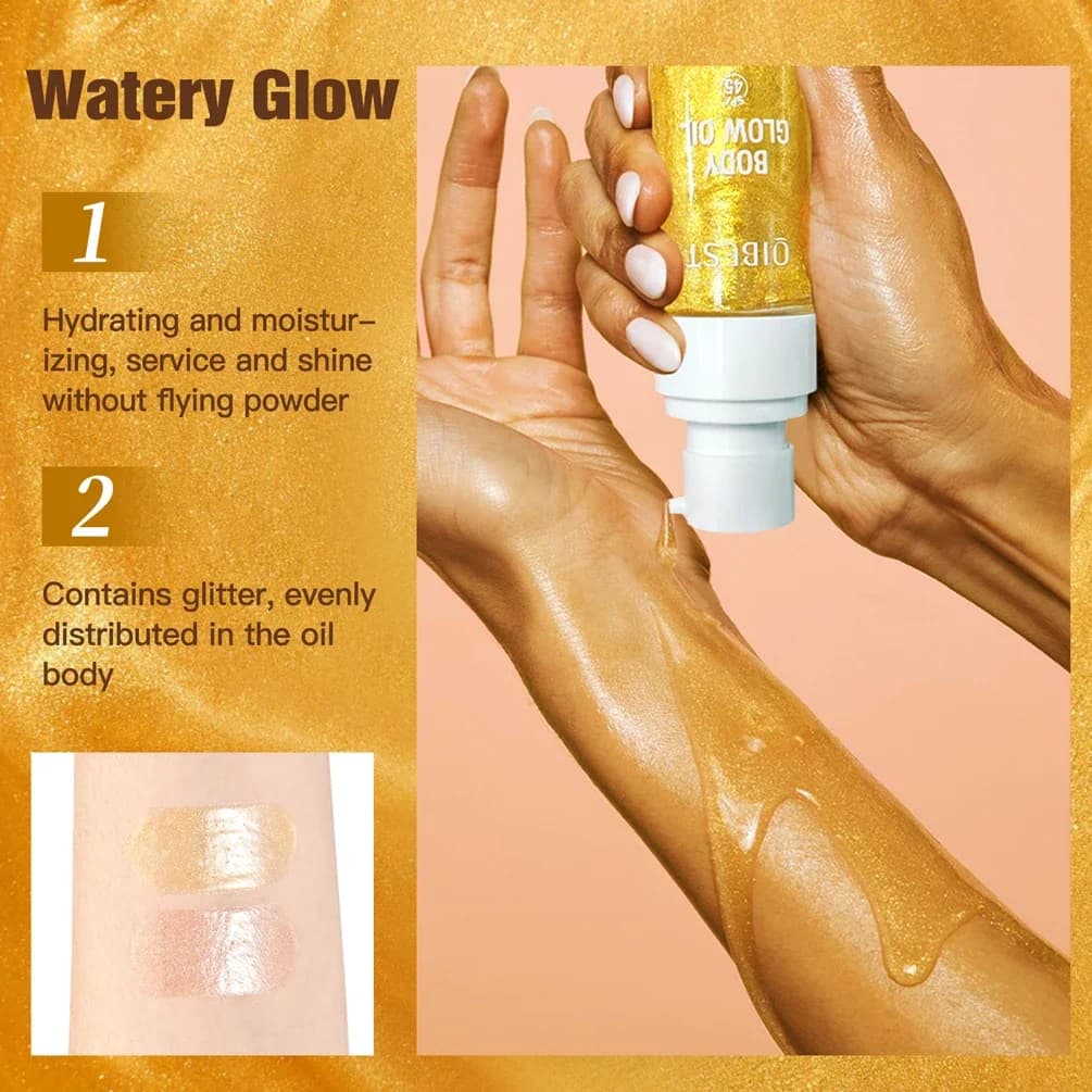 Huile Scintillante Corps QIBEST – Illuminateur Liquide Longue Durée Effet Pailleté Hydratant pour le Visage et le Corps – Maquillage Éclaircissant et Contouring