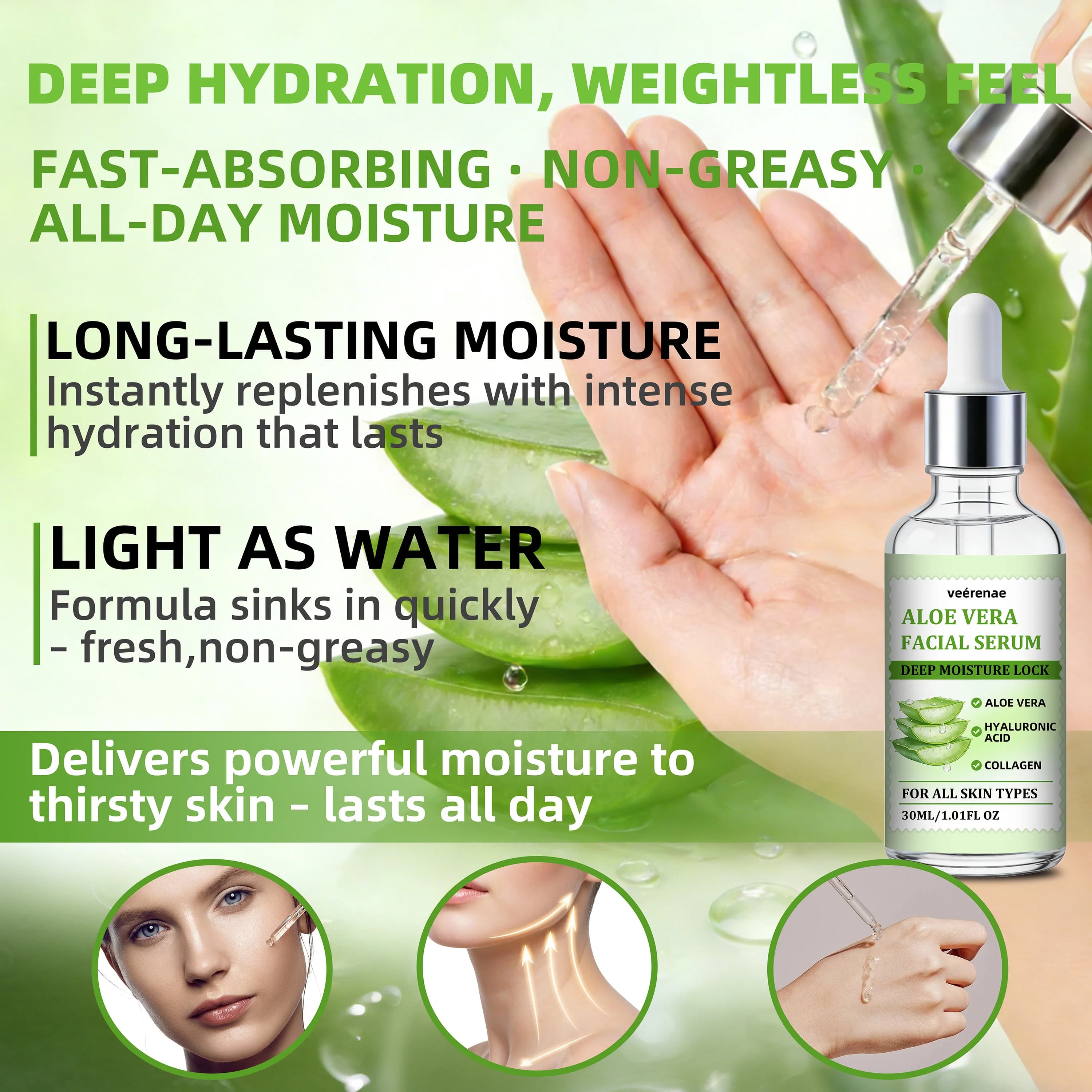 veérenae ALOE VERA FACIAL SERUM - Hydratant et apaisant, sans huile, à absorption rapide et non gras, idéal pour les soins quotidiens de la peau