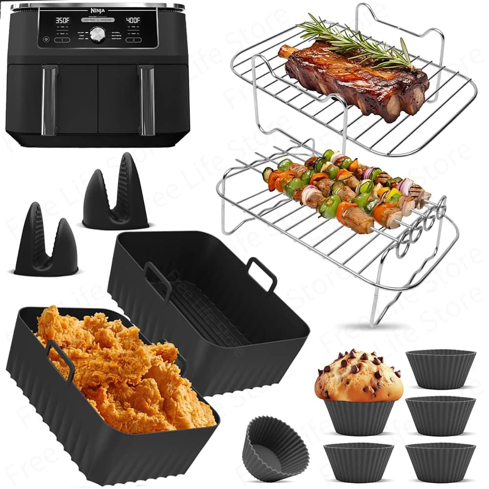 Accessoires de friteuse à Air pour Ninja Foodi double Zone DZ201 DZ401 AF300 AF400 7,6l-9,5l panier en Silicone/tasse à muffins/support de barbecue/gants ﻿