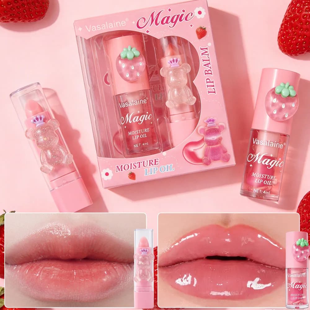 Ensemble d'huile et de baume à lèvres hydratants magiques, nourrissants, non collants, finition brillante, produits pour les lèvres mignons en forme d'ours et de fraise