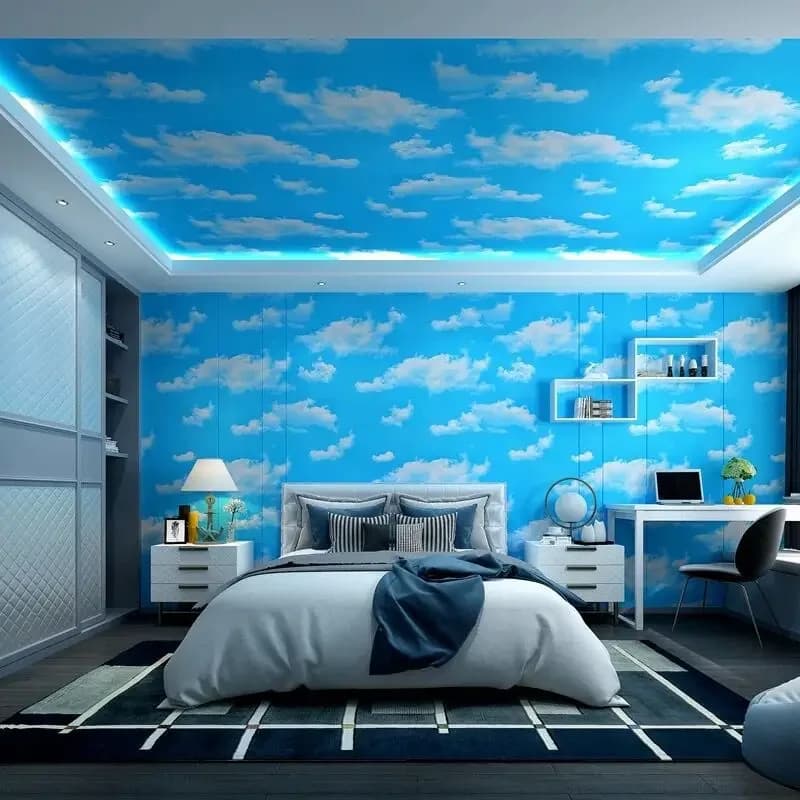 Papier peint auto-adhésif en PVC pour plafond, nuages blancs, ciel bleu, fleurs, résistant à l'humidité, pour chambre à coucher, dortoir universitaire