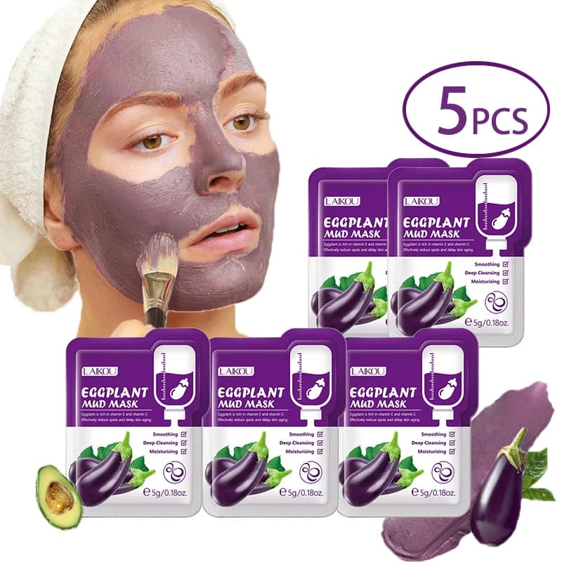 5 pièces LAIKOU masque de boue d'aubergine contrôle de l'huile hydratant Anti-acné Anti-rides blanchissant