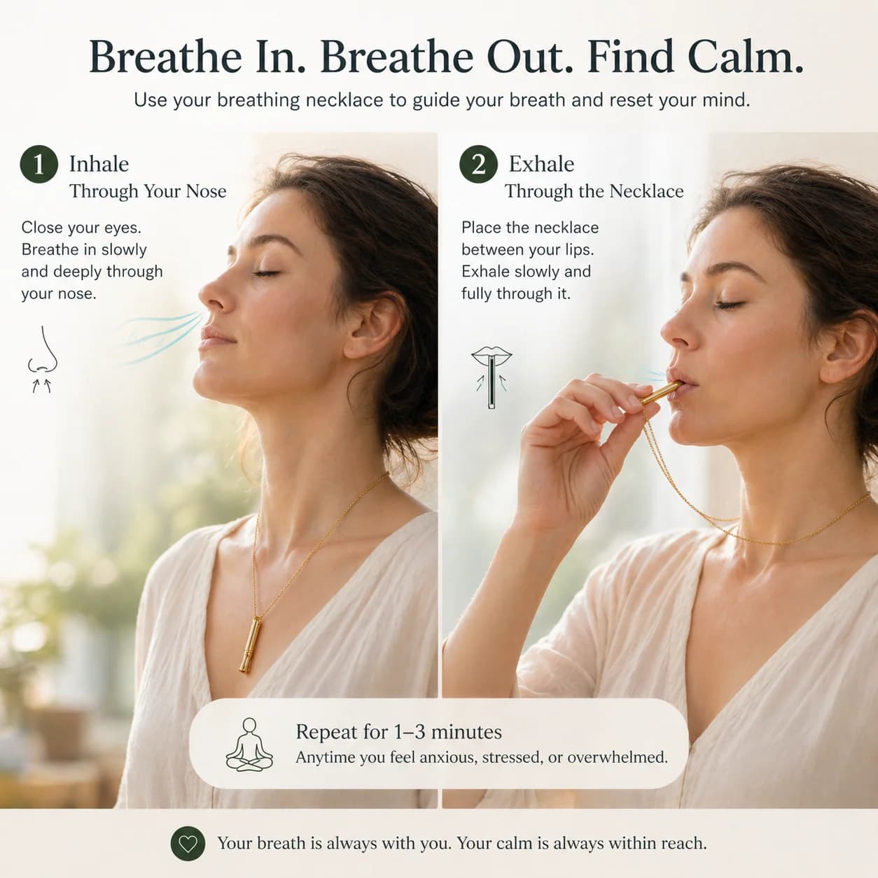 Collier de respiration par la pleine conscience, pendentif anti-stress en acier inoxydable, collier de respiration pour l'anxiété pour femmes et hommes