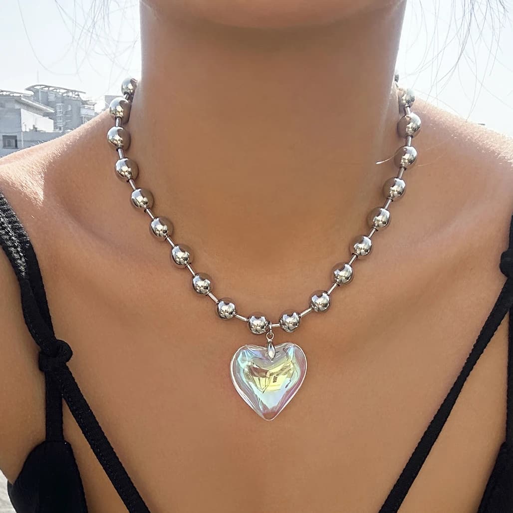 Collier pendentif coeur d'amour coloré pour femme, perles de document en argent, accessoires bijoux, hip hop, punk, steampunk, JOGrunge, 6 couleurs