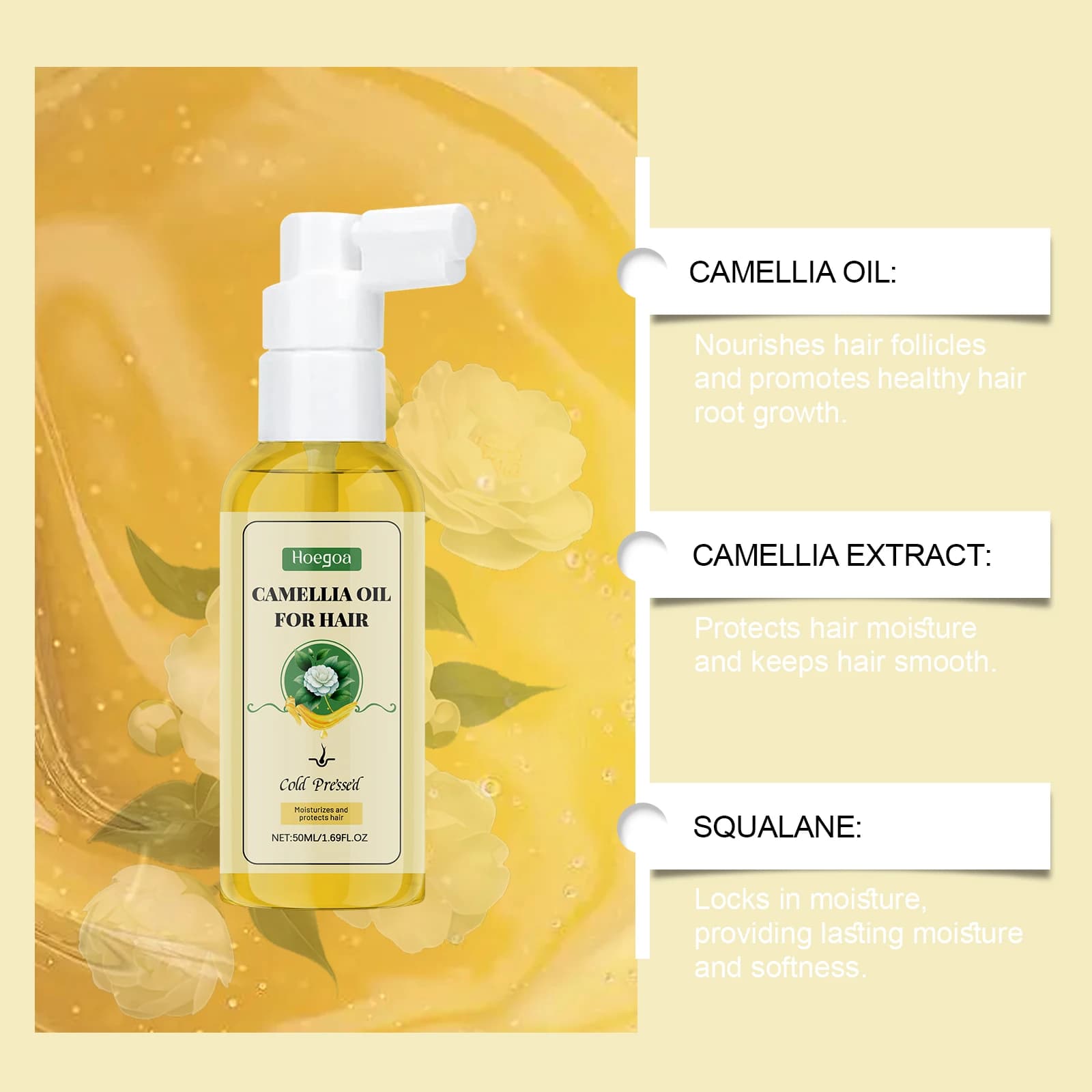 Spray réparateur d'huile capillaire de camélia, pour contrôle des frisottis secs et endommagés, après-shampooing nourrissant avec traitement capillaire à l'huile de graines de camélia