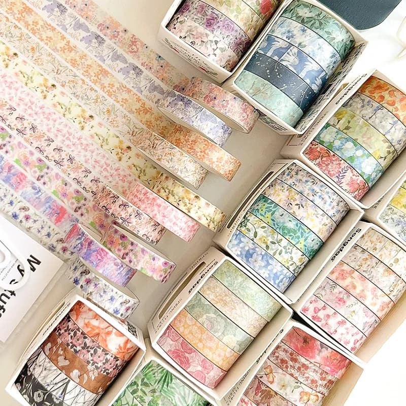 Lot de 5 rouleaux de ruban washi floral romantique en boîte – Adorable ruban décoratif frais pour étudiants, journal, scrapbooking, cadeau