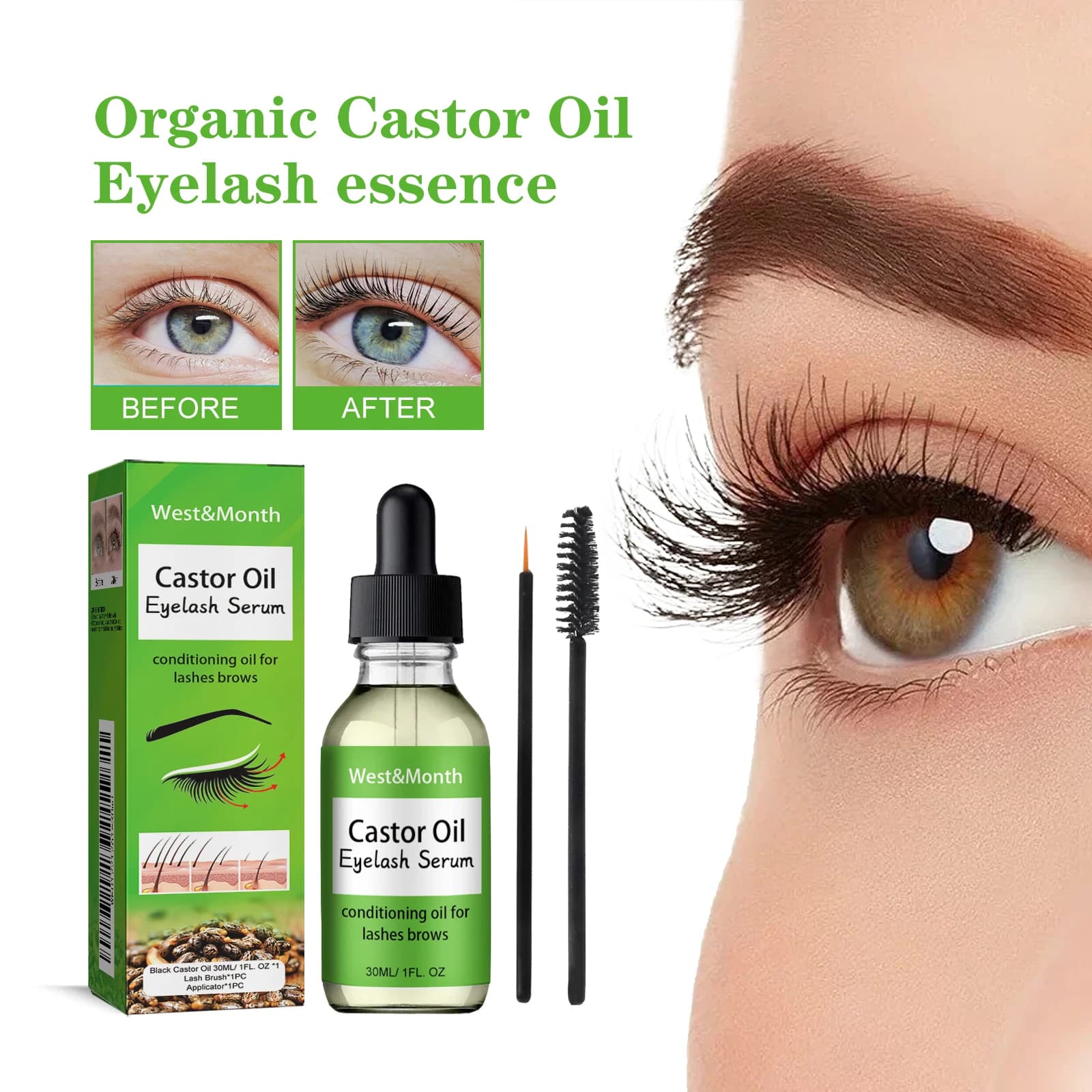 Sérum de croissance de cils à l'huile de ricin avec brosse, liquide polyvalent pour cheveux, sourcils, Essence épaisse, nourrissant et hydratant