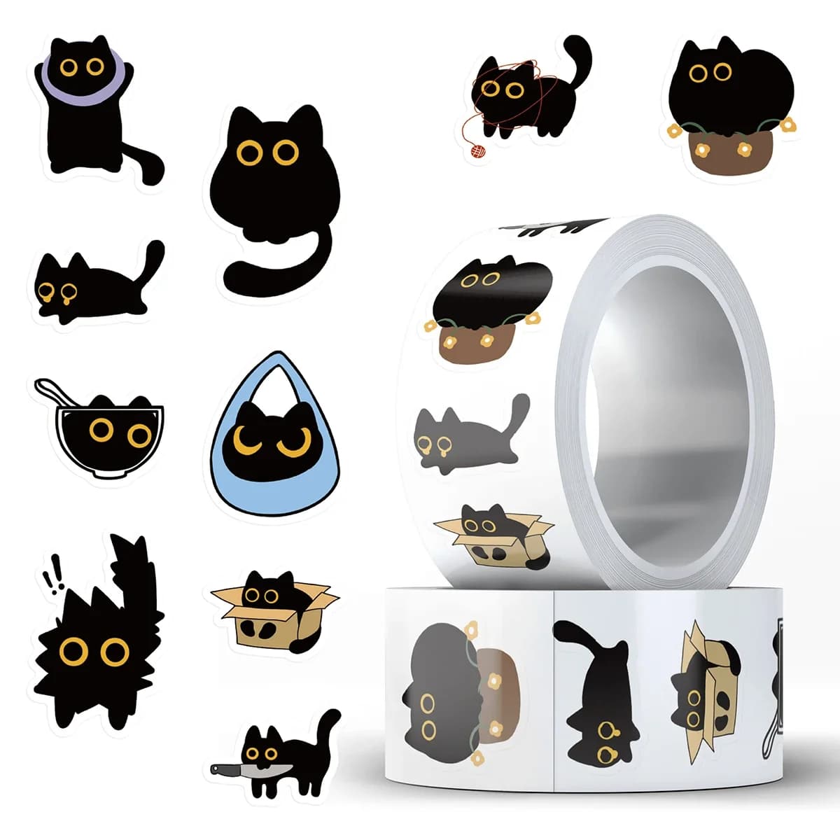 500 autocollants en rouleau motif chat de dessin animé mignon, décoratifs DIY pour guitare, téléphone, ordinateur portable, journal, scrapbooking, scellage d'enveloppes
