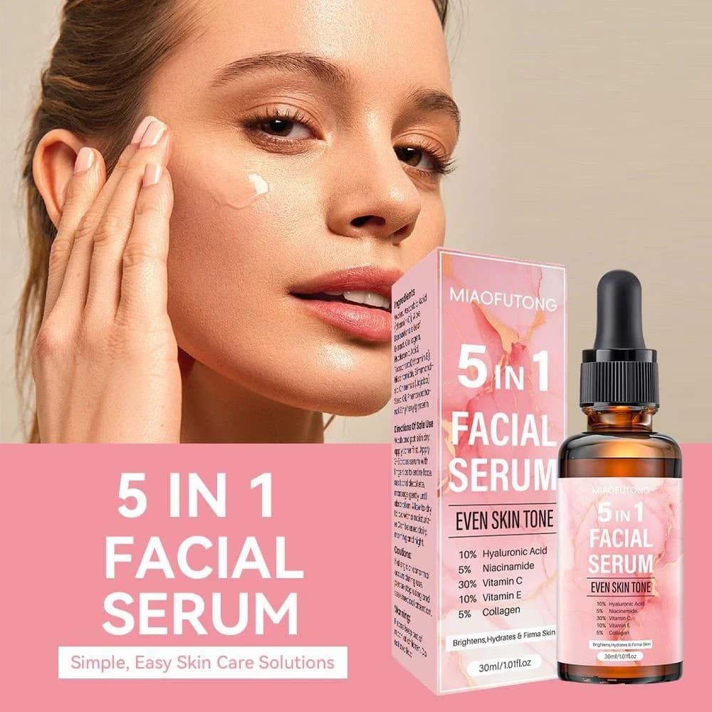 Sérum anti-âge 5 en 1 avec 30% de vitamine C, 10% d'acide hyaluronique, 5% de niacinamide pour éclaircir et hydrater tous les types de peau