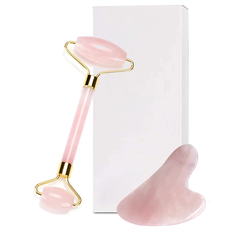 Masseur facial à rouleau de jade de quartz naturel avec planche guasha, kits vert rose noir pour massage au rouleau du visage et du cou
