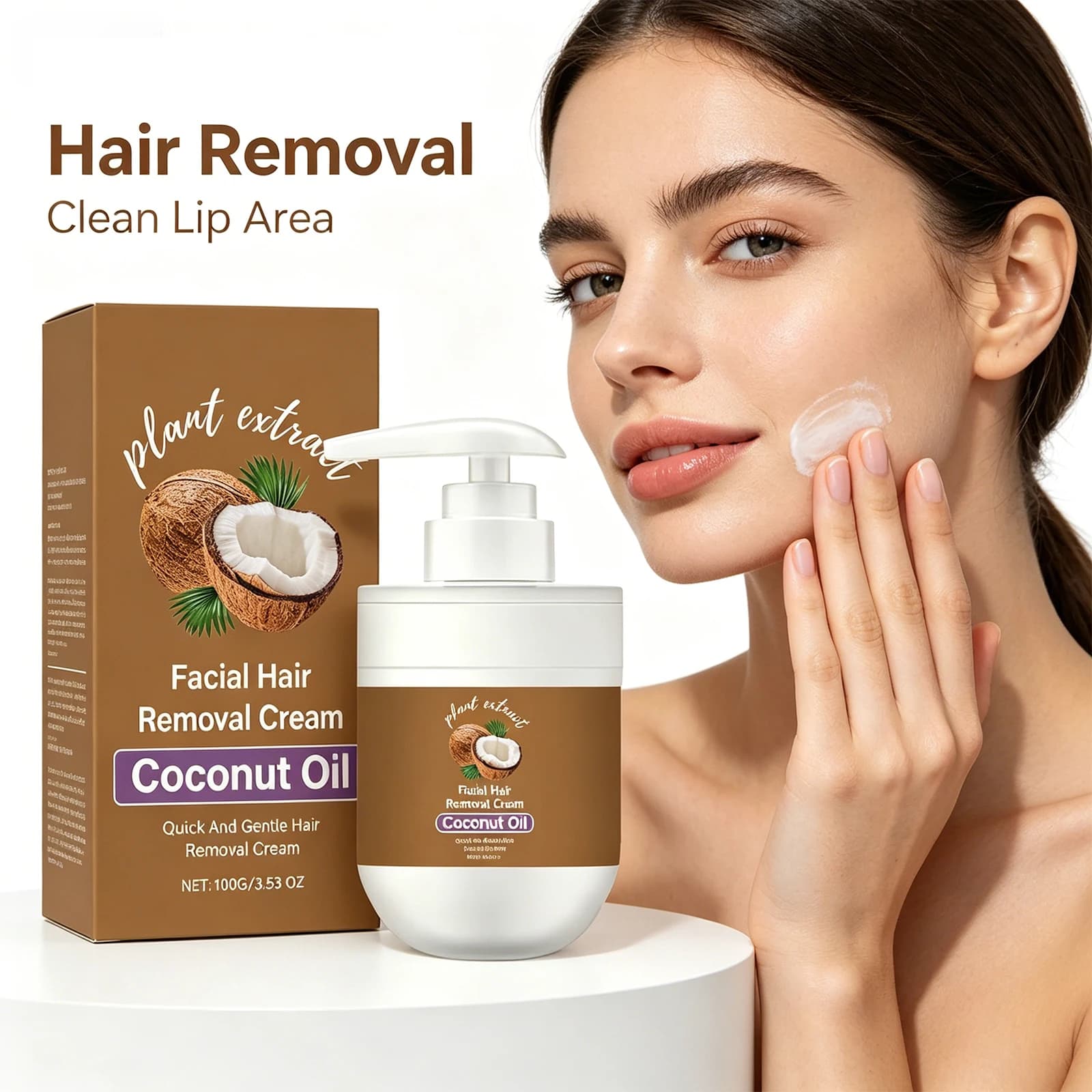 Crème dépilatoire à l'huile de coco pour le visage, épilation rapide, sans douleur, nourrissante, peau lisse, formule douce, non grasse, pour peaux sèches, 100g
