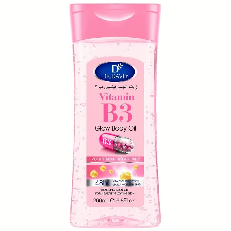 DR.DAVEY Huile Corporelle Éclatante à la Vitamine B3 200ml – Huile de Massage Nourrissante pour Tous Types de Peau, Contient de la Glycérine – Fonctionnement Essentiel