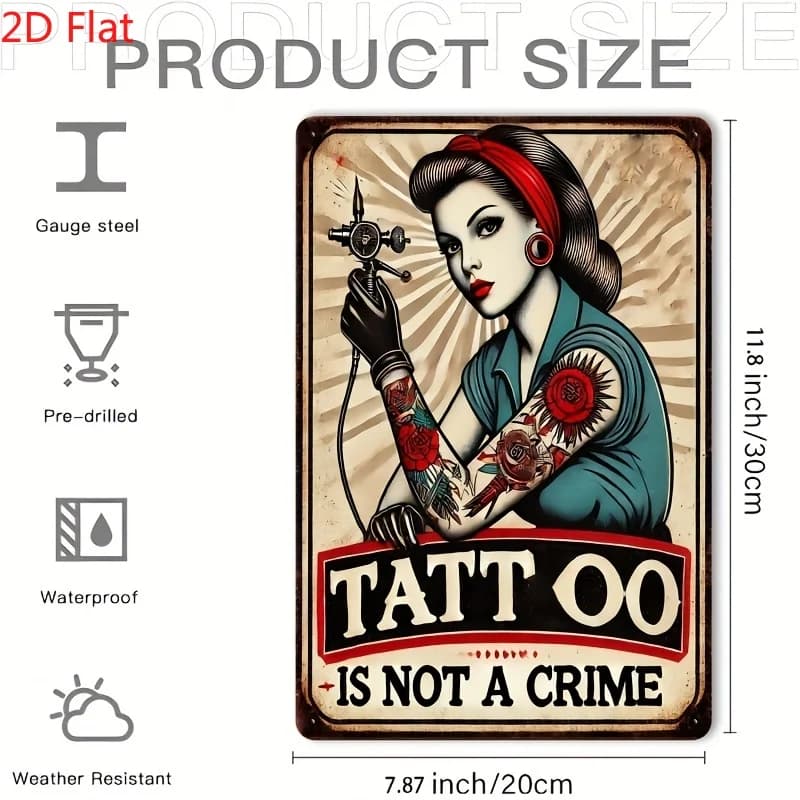 Art mural en métal rétro 2D plat style tatouage |   Panneau « Le tatouage n'est pas un crime » de 8,0 x 12,0 pouces avec motif rouge vif et design de tatouage