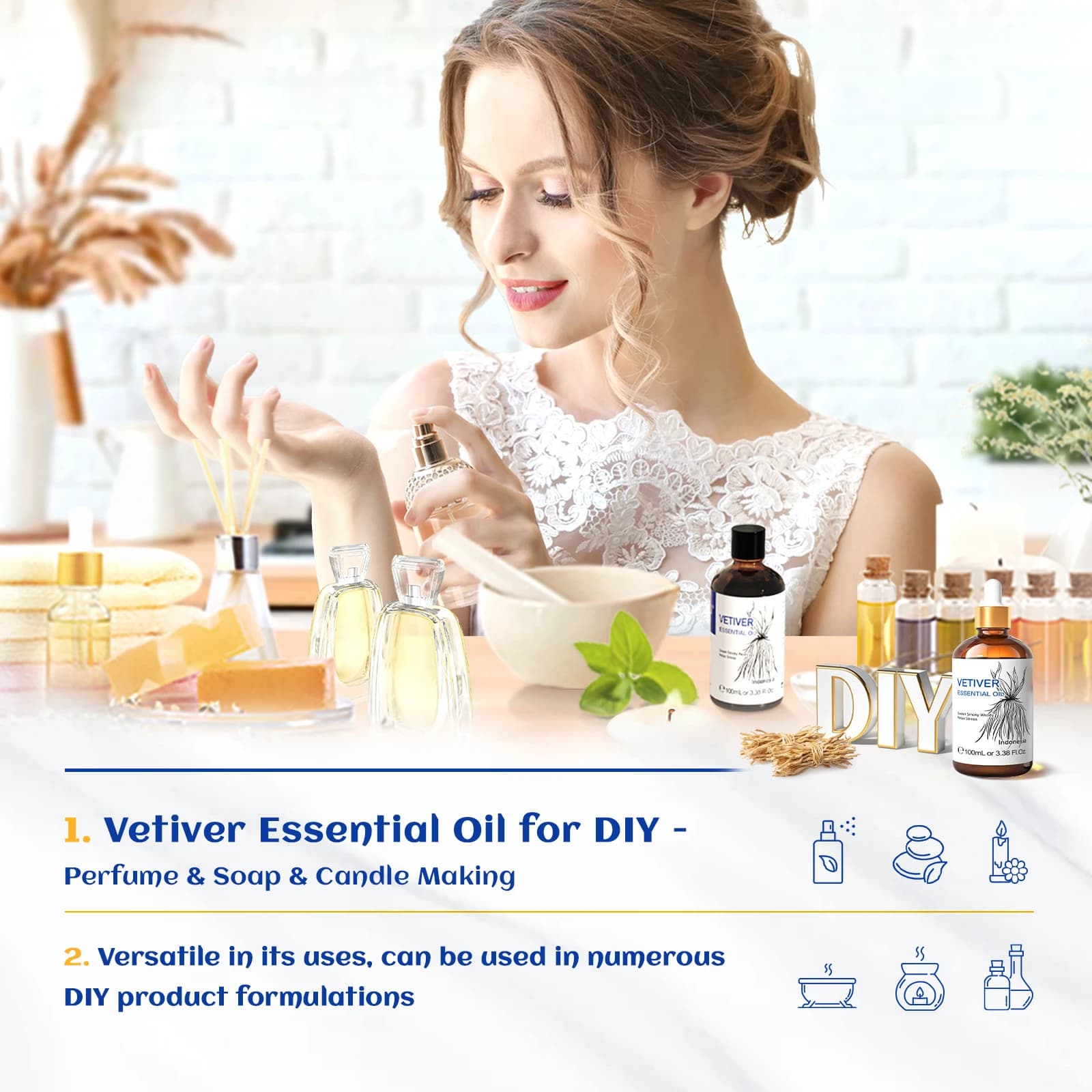 HIQILI 100ml Huile essentielle aromatique de haute qualité 100% naturelle à la lavande/vanille/basilic/rose, plusieurs parfums, 1 pièce