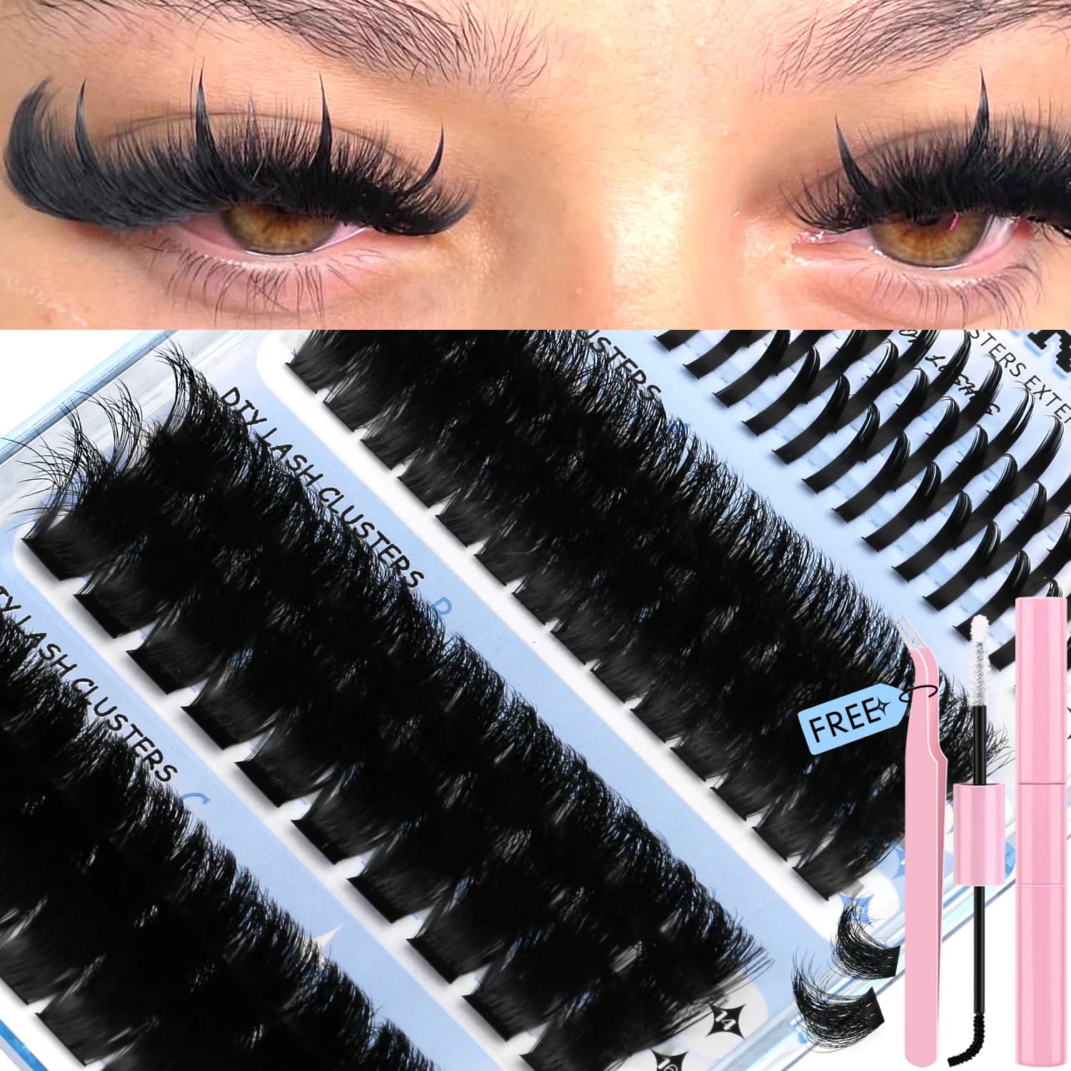 Lasvirey Kit de faux cils en touffes à faire soi-même : extensions de cils individuelles 4 en 1, volume et volume, avec colle et fixateur.