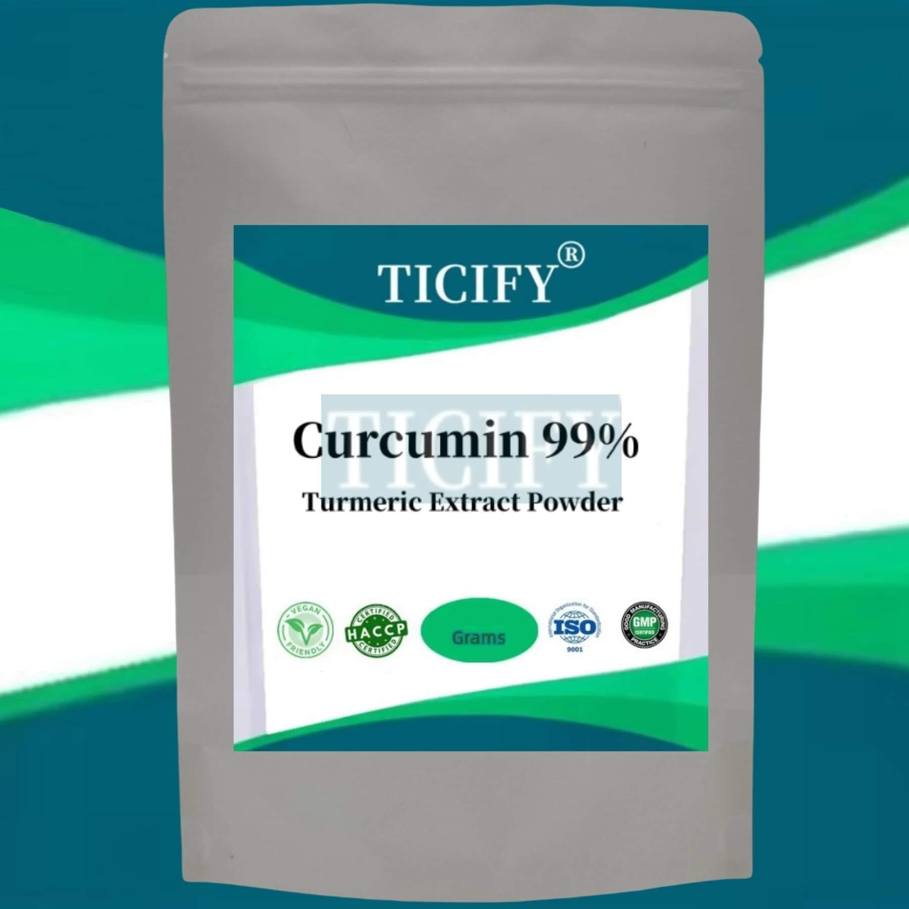 Sac en aluminium personnalisé pour poudre d'extrait de curcuma à 99% de curcumine