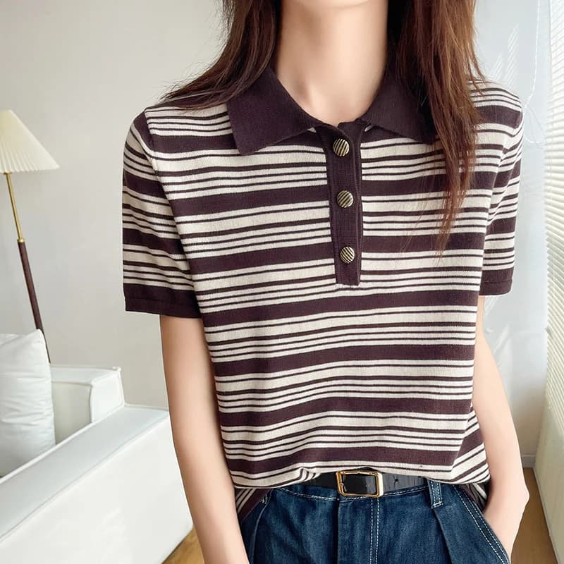 Pull rayé à manches courtes pour femme, t-shirt 100% coton, col rabattu, chemisier pour femme, t-shirts pull, boutons