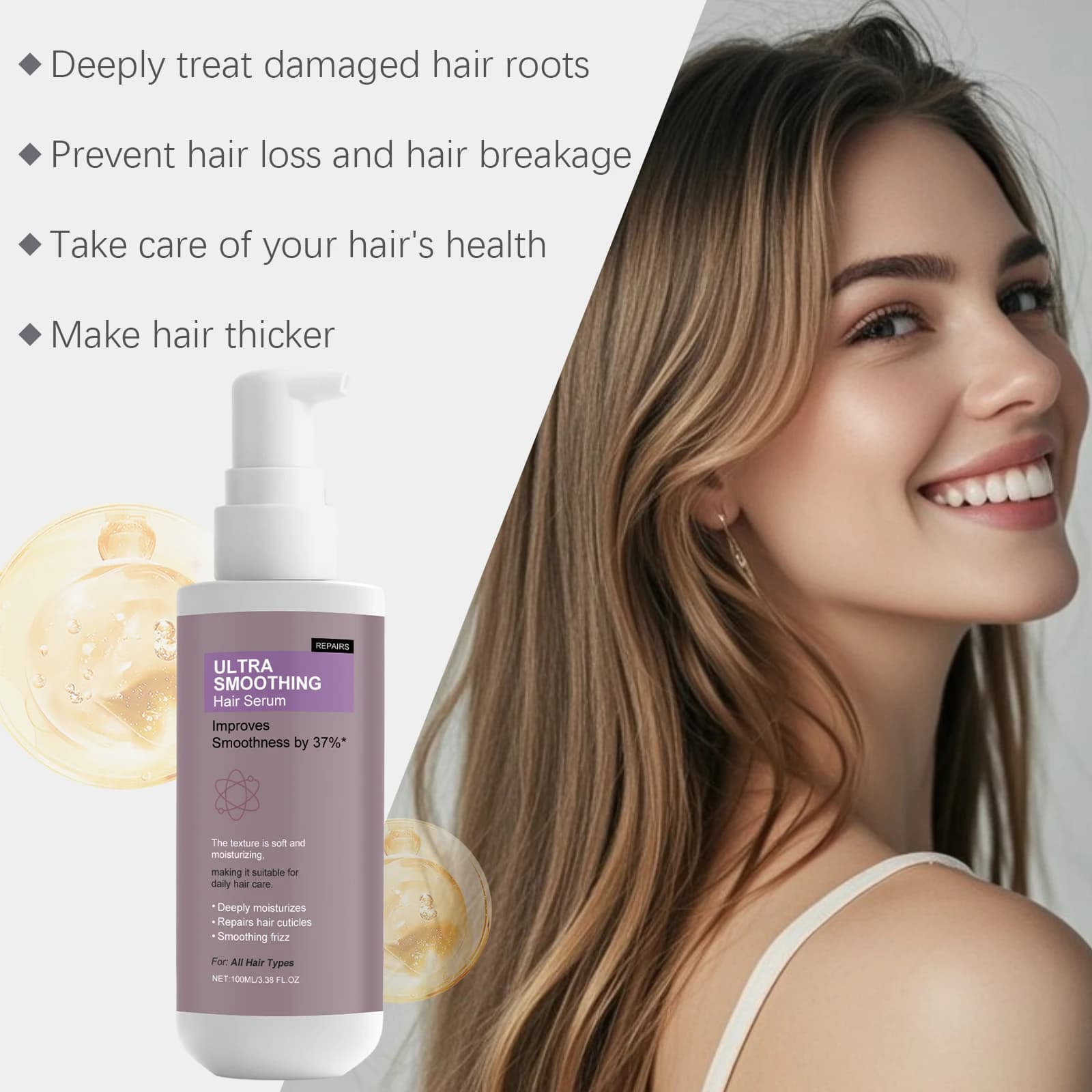 Huile capillaire bio à l'huile de Jojoba et au Squalane, soin réparateur doux pour cheveux secs et abîmés, réduit la chute des cheveux, lisse et redonne brillance et densité
