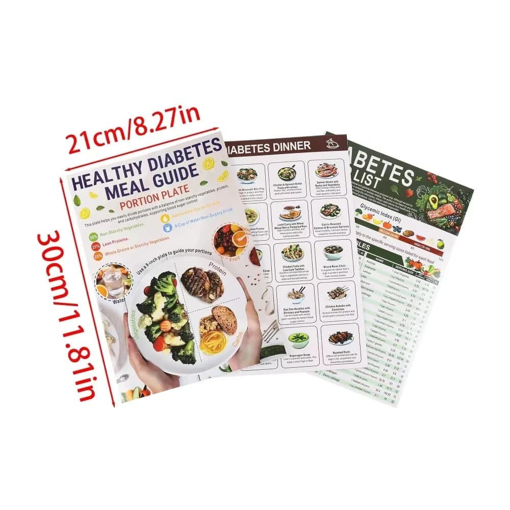 Liste des aliments pour le diabète, 3 pièces, tableau des aliments pour diabétiques, Brochure, tableau d'information pour le diabète, planificateur de repas à faible teneur en carburateur de vitamines