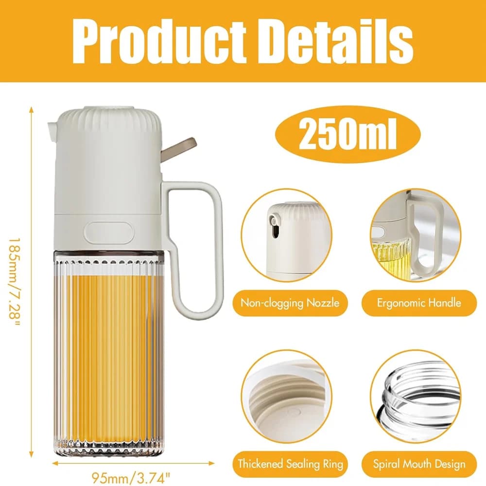 Bouteille pulvérisateur d'huile d'olive en verre, 250 ml, réglable, anti-fuite, pour la cuisine, le barbecue, les salades, les friteuses à air, les repas légers