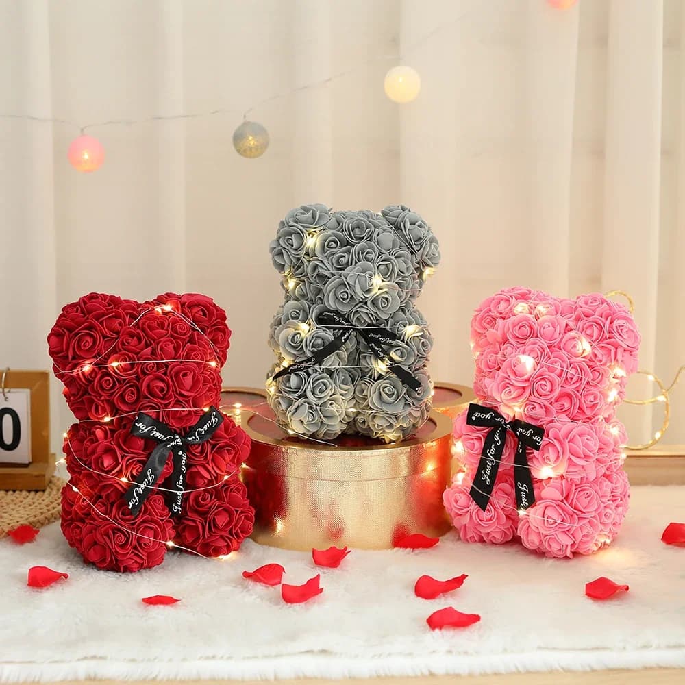 Ours en fleurs artificielles en forme de rose Teddy de 25 cm avec boîte