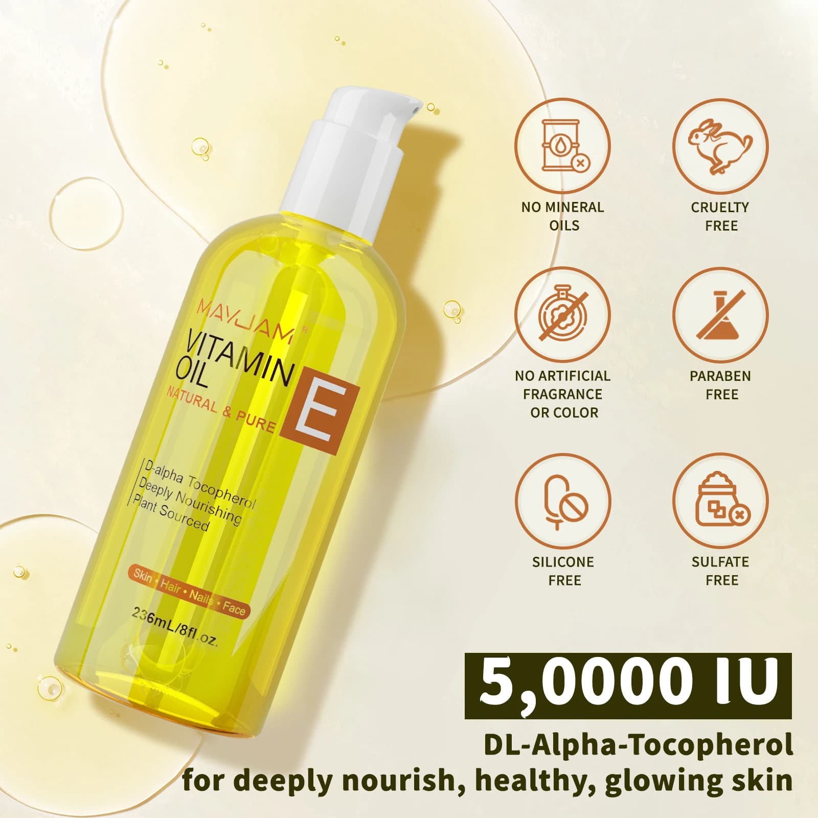 MAYJAM huile de vitamine E Pure et naturelle pour le visage corps cheveux hydratant et nourrissant d-alpha Tocopherol