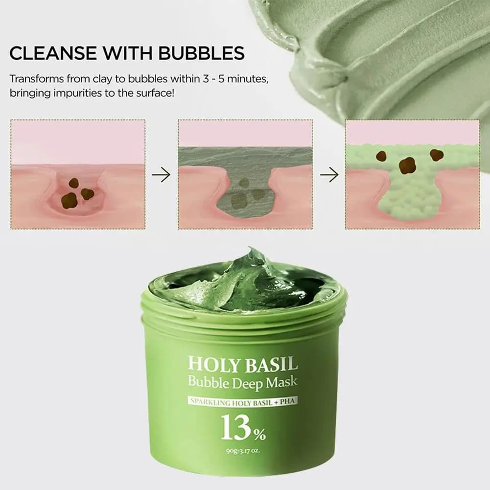 Masque de boue à bulles de basilic sacré à l'acide carburonique
