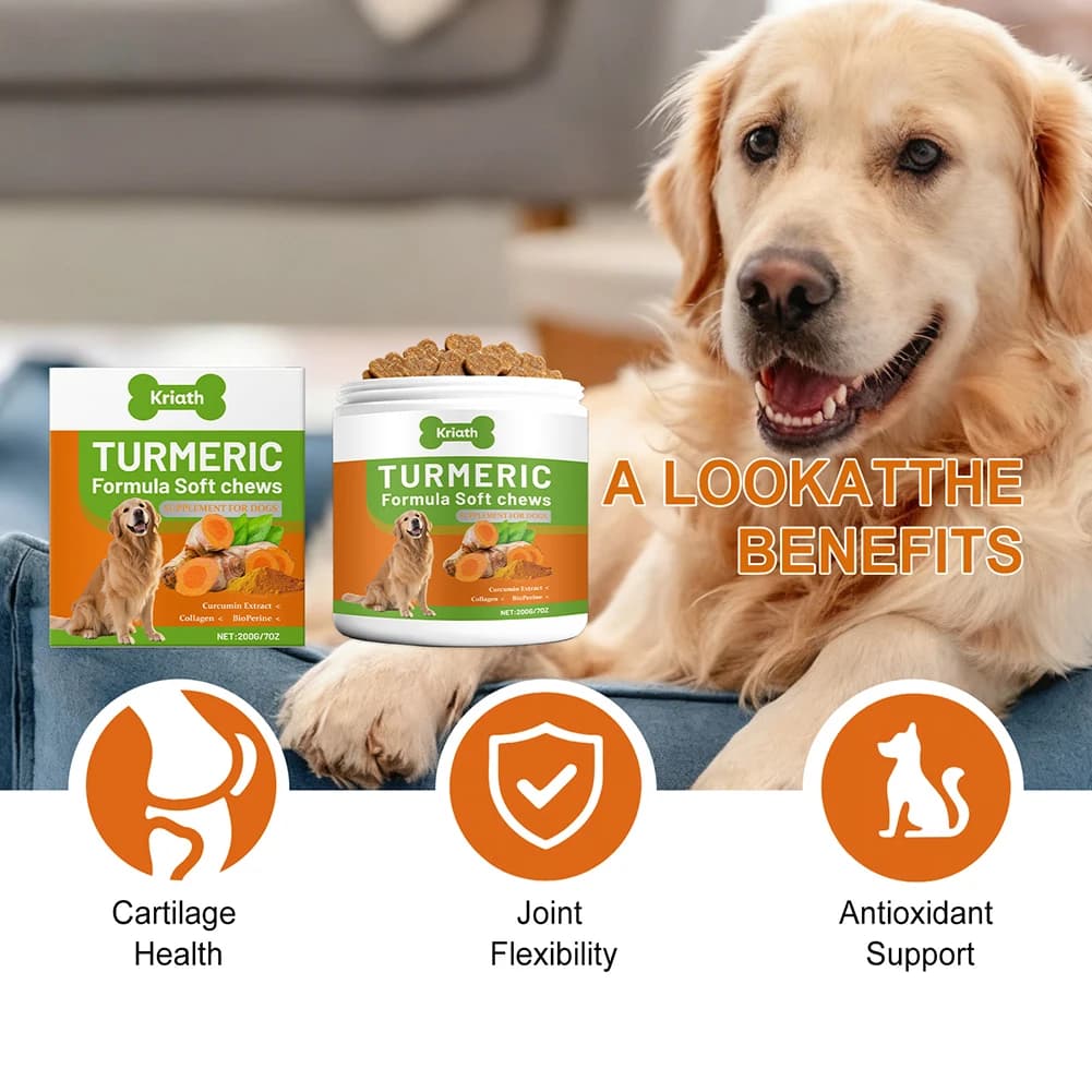 200g de friandises molles bio au curcuma pour chiens, avec curcumines, supplément articulaire au collagène, élimine les douleurs et l'inflammation des articulations