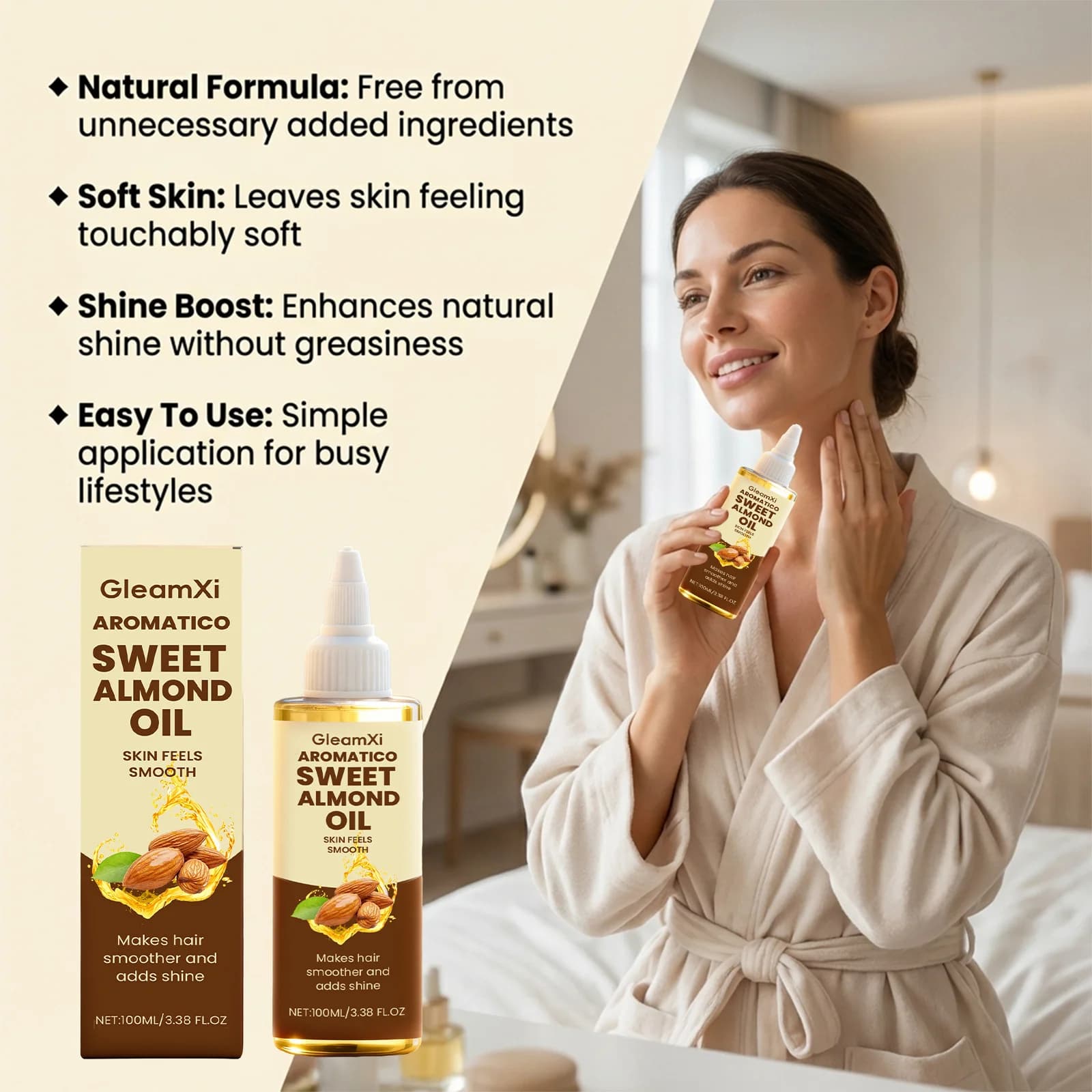 Huile Corporelle à l'Amande Réparatrice Anti-Dessèchement Anti-Peeling Raffermissante Éclaircissante Lissante Hydratante Longue Durée Parfumée Soin Cheveux et Corps