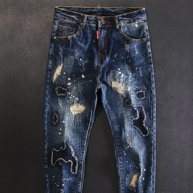 Jeans de moto en coton vintage pour hommes avec poches imprimées