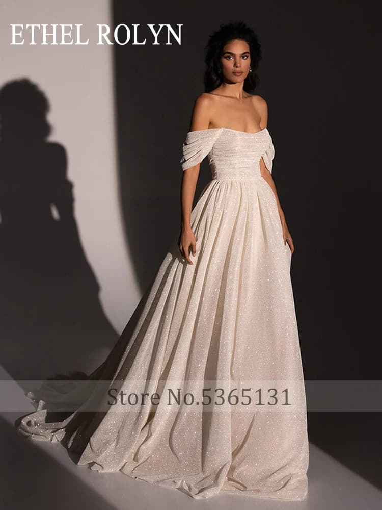 ETHEL ROLYN robes De mariée trapèze pour femmes brillant hors De l'épaule col bateau brosse Train robe De mariée robes De Novia