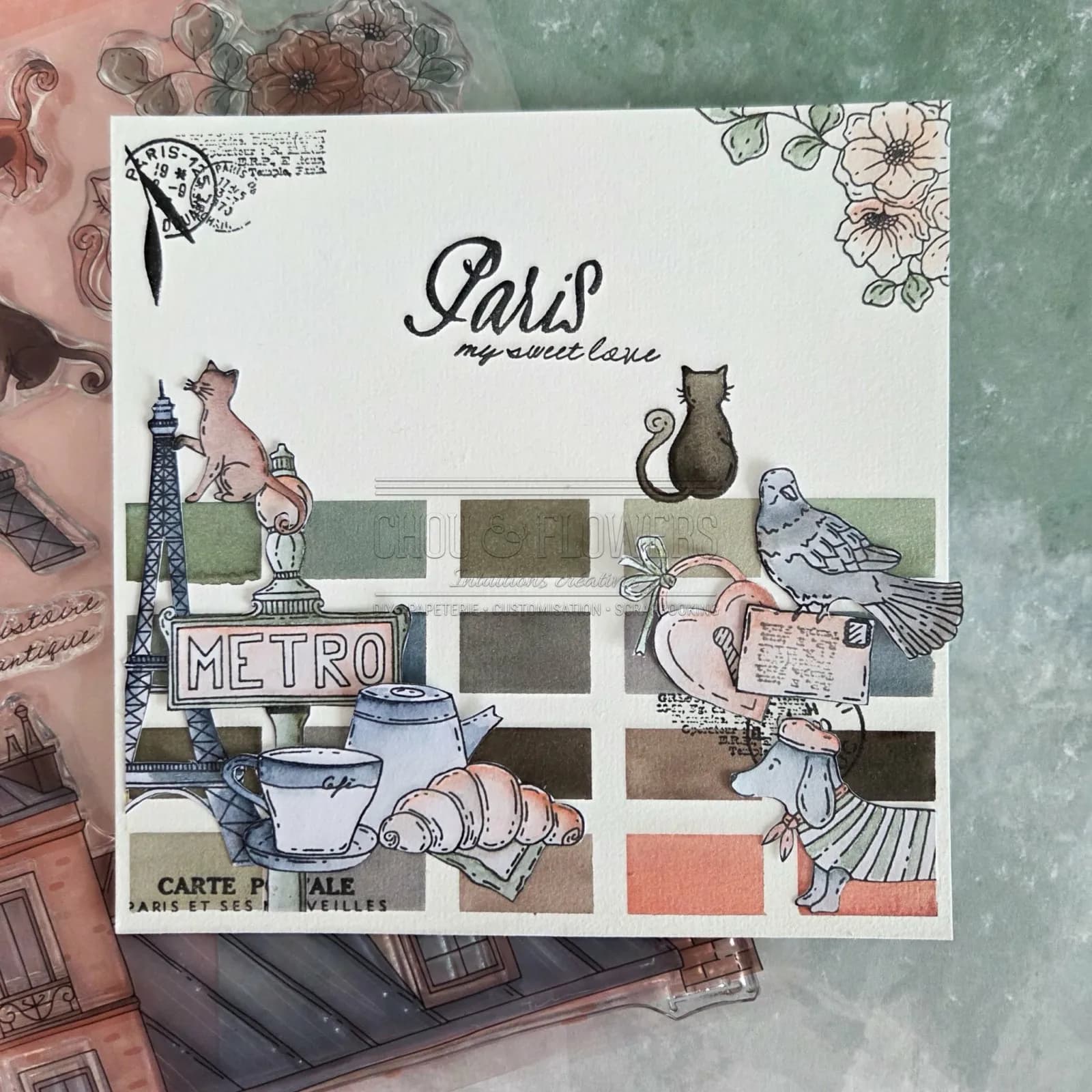 Tampon en silicone transparent sur le thème de Paris, France : Tour Eiffel, Café sur le toit de Paris, Croissant, Cadre, Ville européenne pour scrapbooking et création de cartes