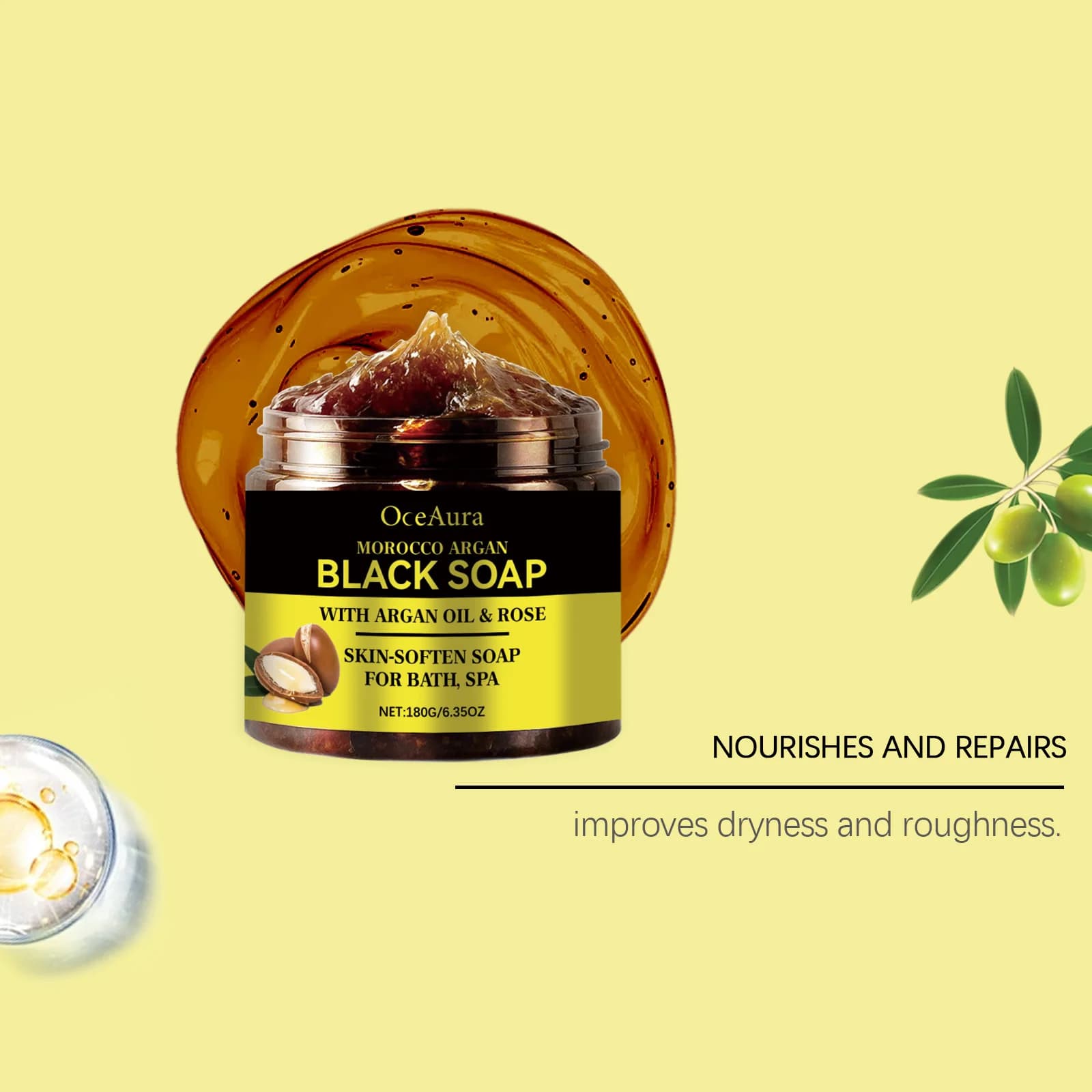 OceAura 180g Savon noir à l'argan marocain Nettoyage en profondeur et hydratant longue durée Exfoliation douce et peau lisse