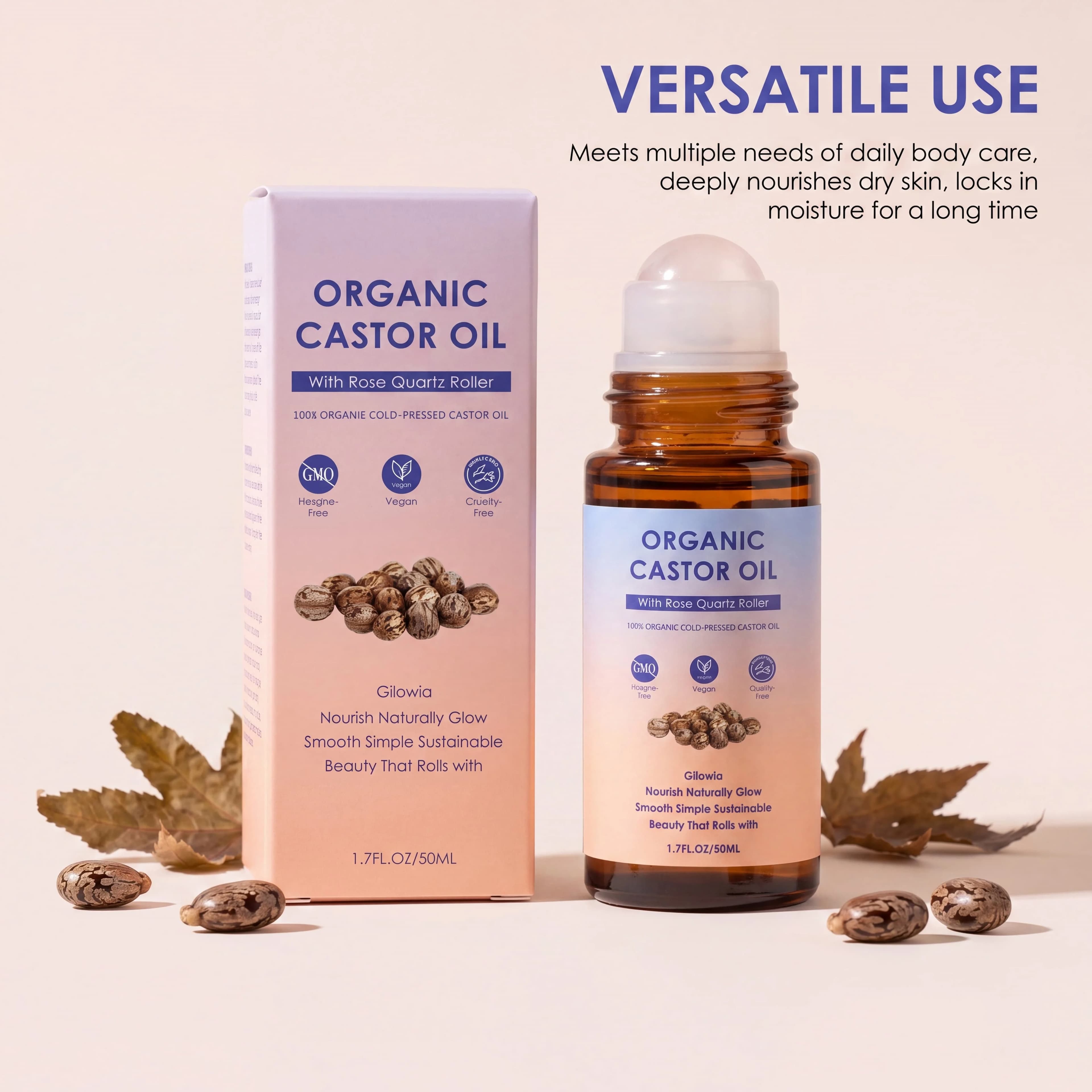 Huile de ricin biologique avec applicateur à bille en quartz rose, 100 % pure, pressée à froid, sans hexane, pour le corps, les sourcils et les soins de massage cutané