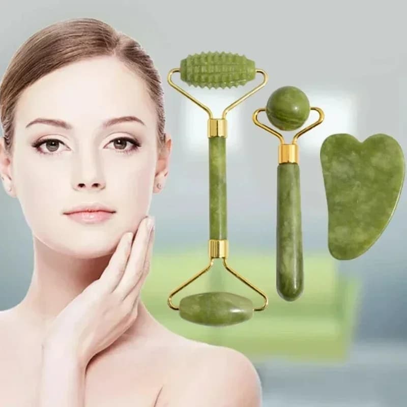 Rouleau de jade naturel et Gua Sha en pierre naturelle pour le visage