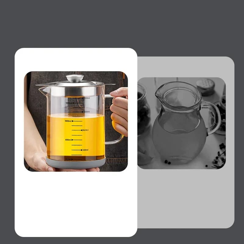 Pot à huile en verre transparent 1L/1.5L avec échelle graduée, séparateur et réservoir de stockage d'huile de cuisine avec filtre à mailles fines, récipient à graisse